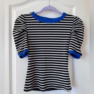 Anthropologie Maeve Puff-Sleeve Striped Top Black White Stripe Blue trim XXS NWT